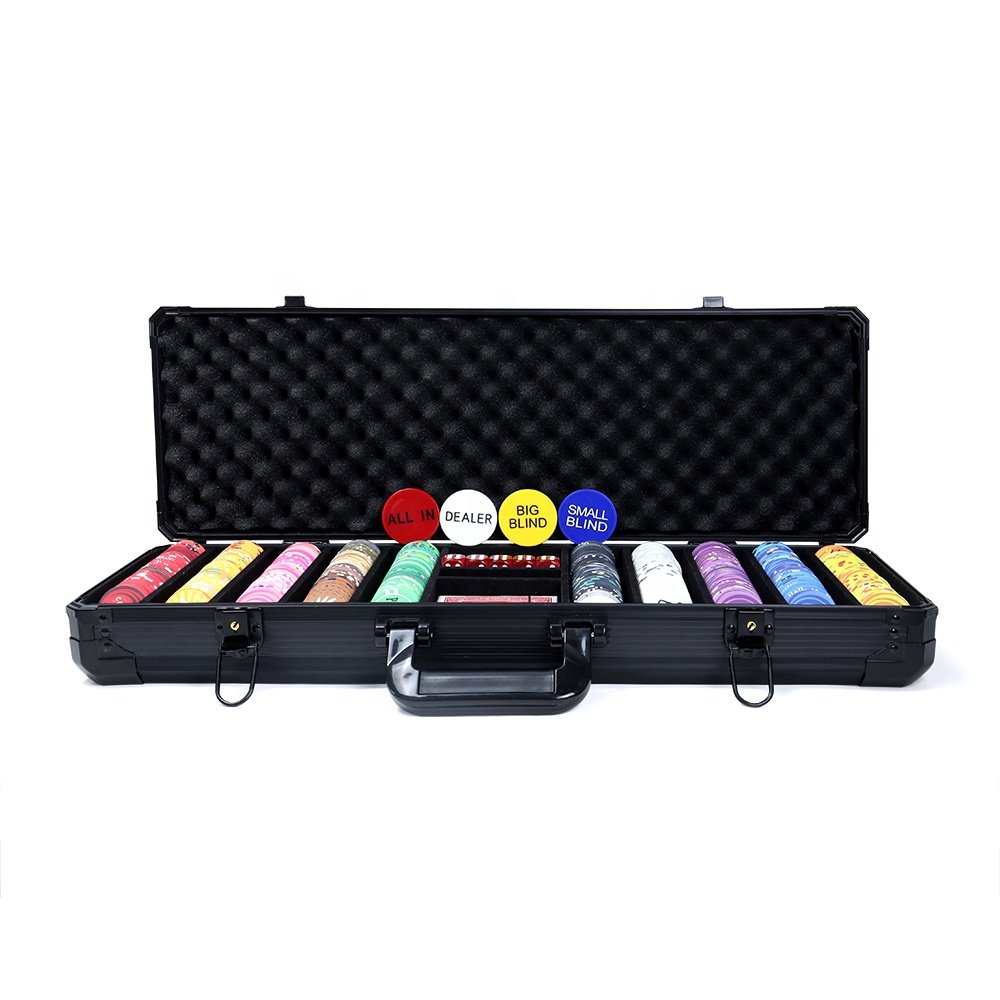 Professional 500 ceramic poker chips game set with black durable aluminum case with lock and other casino accessaries as picture