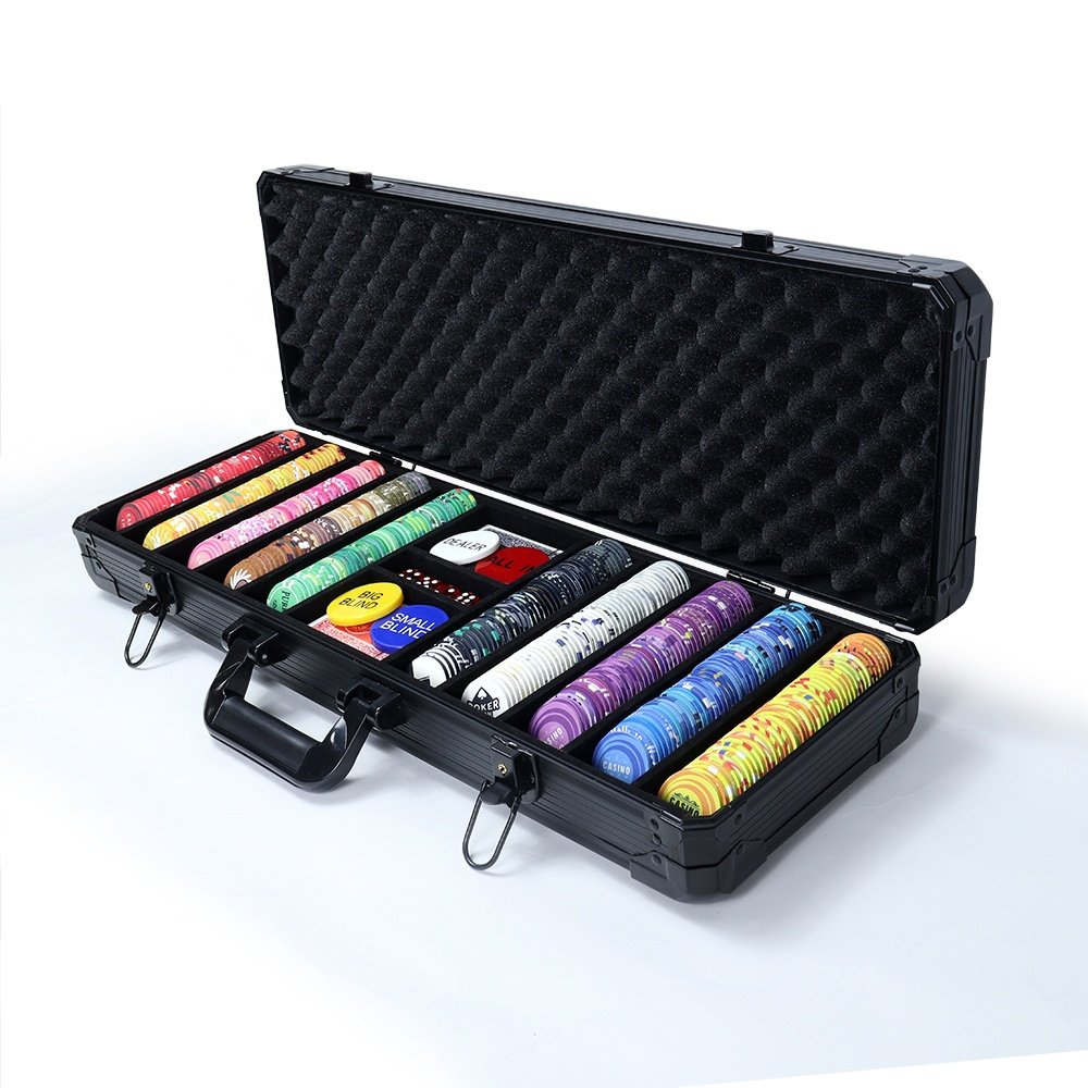 Professional 500 ceramic poker chips game set with black durable aluminum case with lock and other casino accessaries as picture