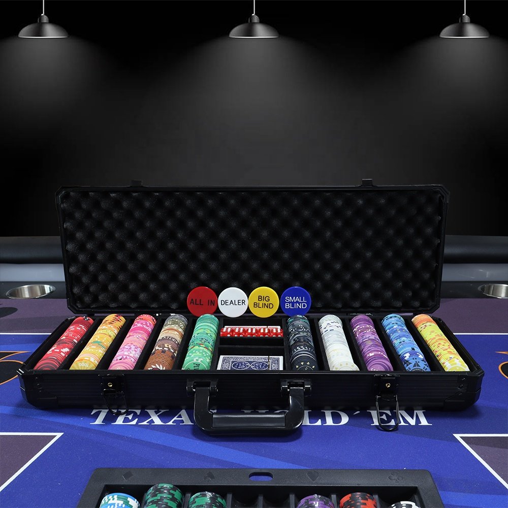 Professional 500 ceramic poker chips game set with black durable aluminum case with lock and other casino accessaries as picture