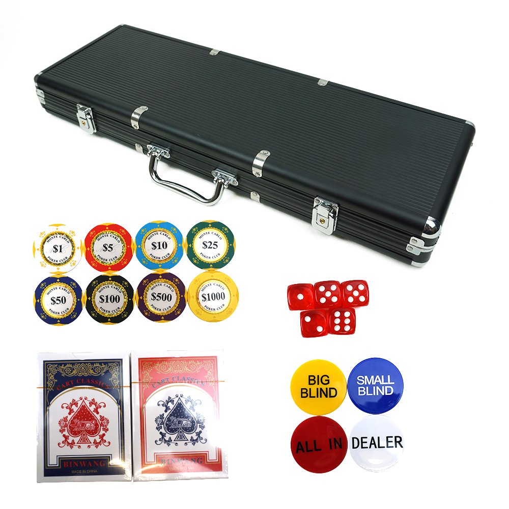 Casino Poker Games Blackjack Texas Hold'em Poker Accessories 500pc Clay Chip Set Black Premium Chip Aluminum Case Set