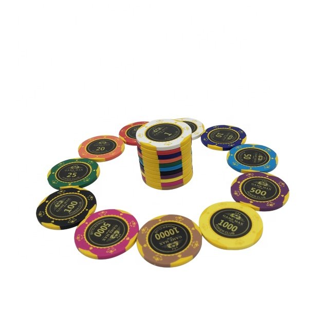 Kaile custom sticker 14g clay poker chips round custom logo game max with 40mm tournament size for caisno poker club gambling