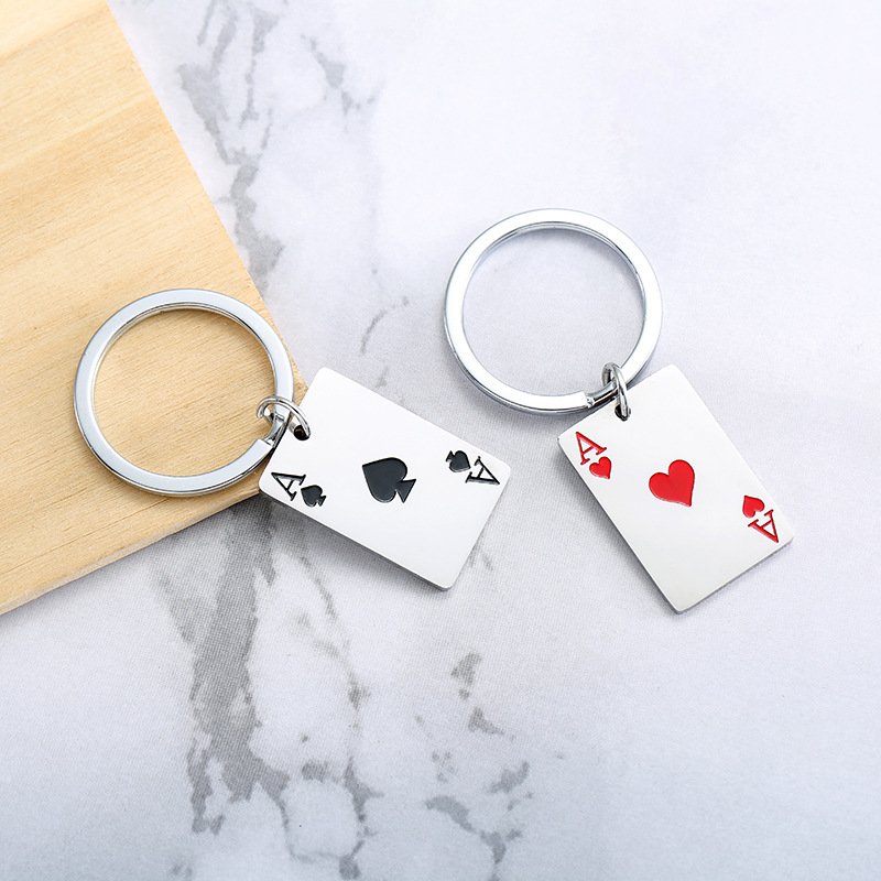 Promotion Poker Personality Good Luck Keychain Amulet Ace Of Hearts And Ace Of Spades Stainless Steel poker Metal Car Key Chains