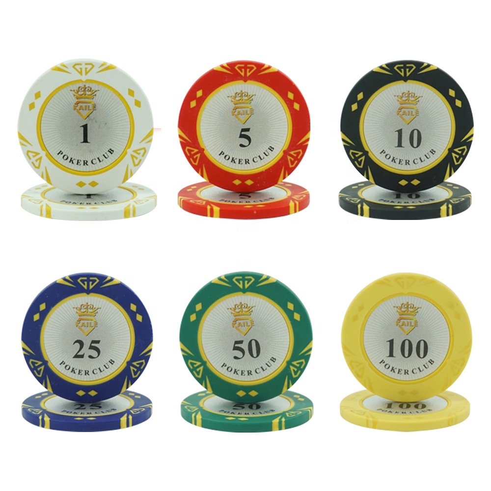 Kaile custom 40mm 14gram poker chips clay two tone colors diamond design with number stickers for casino poker club game
