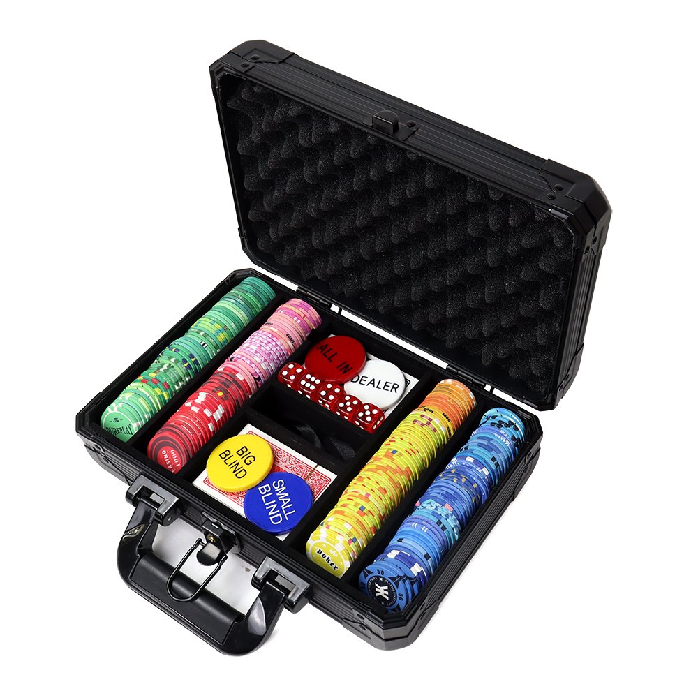 Wholesale 200pcs 10g ceramic poker chips set with black aluminum case and other casino accessaries custom logo for gambling game