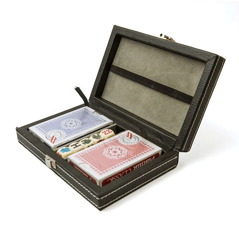 Luxury wooden pu leather two deck of playing cards poker