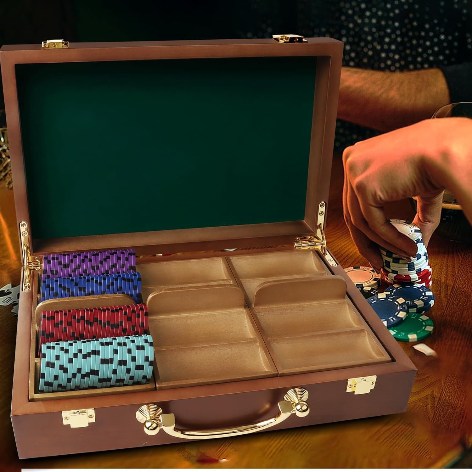 Wood Poker Chip Case,Wooden Poker Chip Case with Wooden Chip Trays,Wood Case and Cards