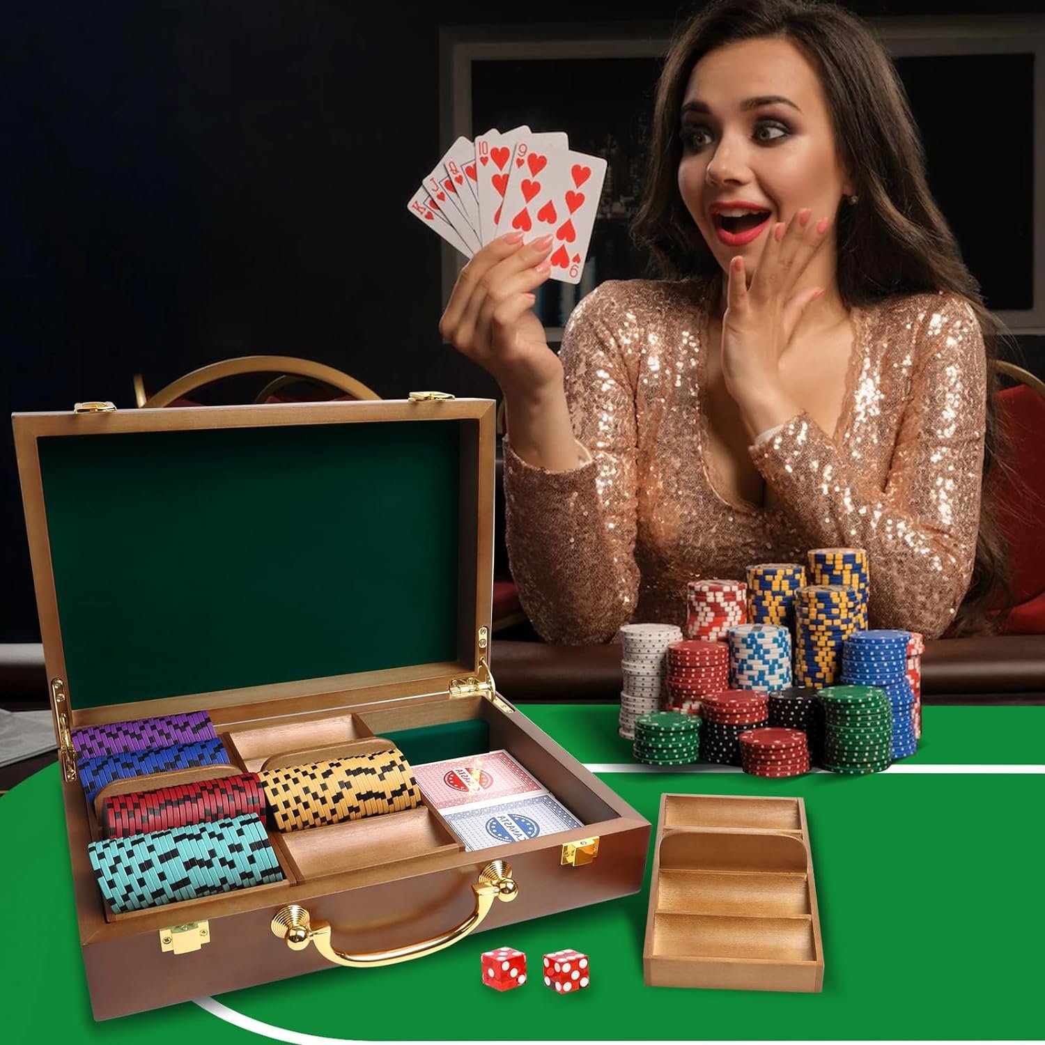 Wood Poker Chip Case,Wooden Poker Chip Case with Wooden Chip Trays,Wood Case and Cards