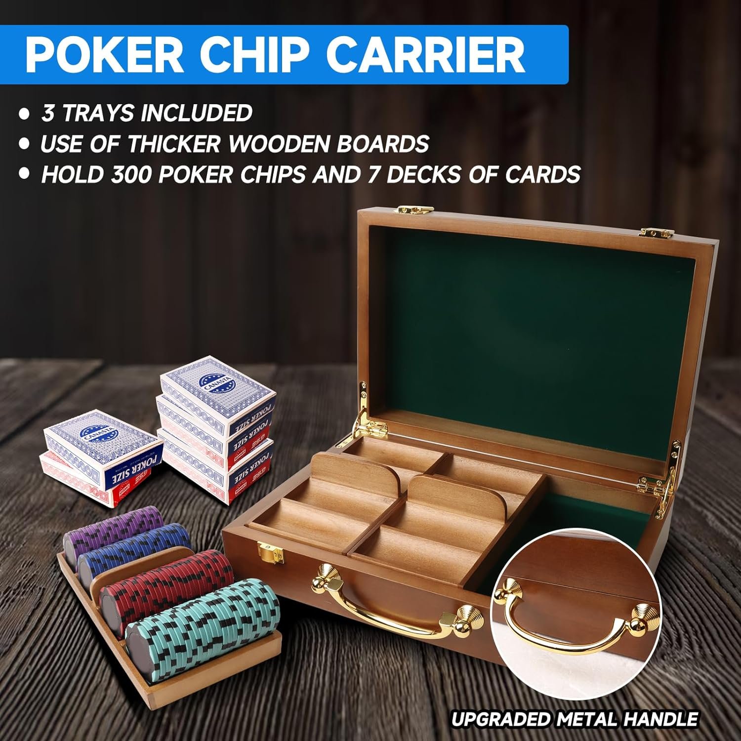Wood Poker Chip Case,Wooden Poker Chip Case with Wooden Chip Trays,Wood Case and Cards