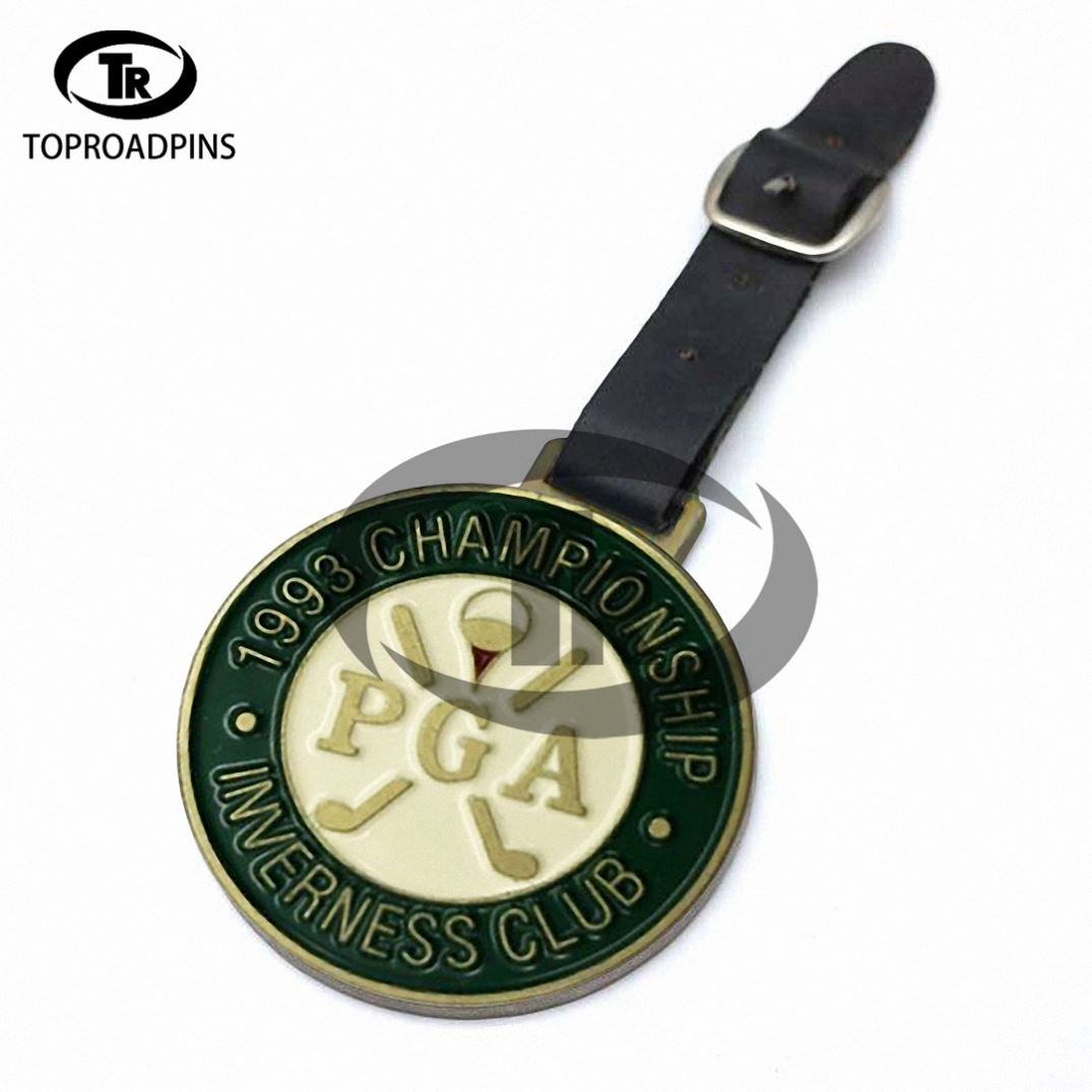 Custom metal golf bag tag with crystal Embossed golf luggage tag with leather strap