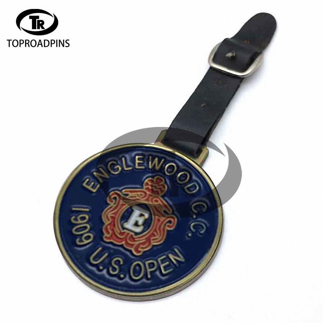 Custom metal golf bag tag with crystal Embossed golf luggage tag with leather strap