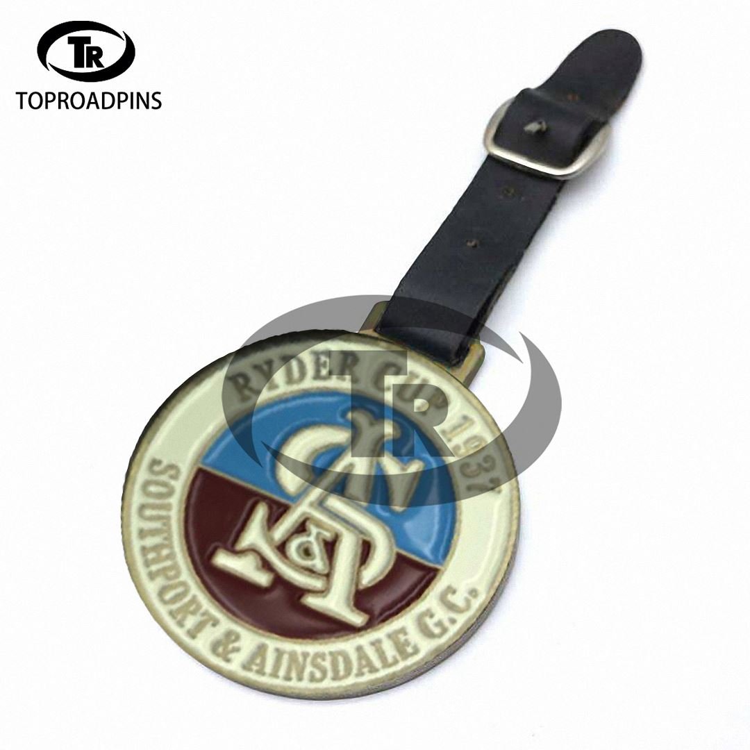 Custom metal golf bag tag with crystal Embossed golf luggage tag with leather strap