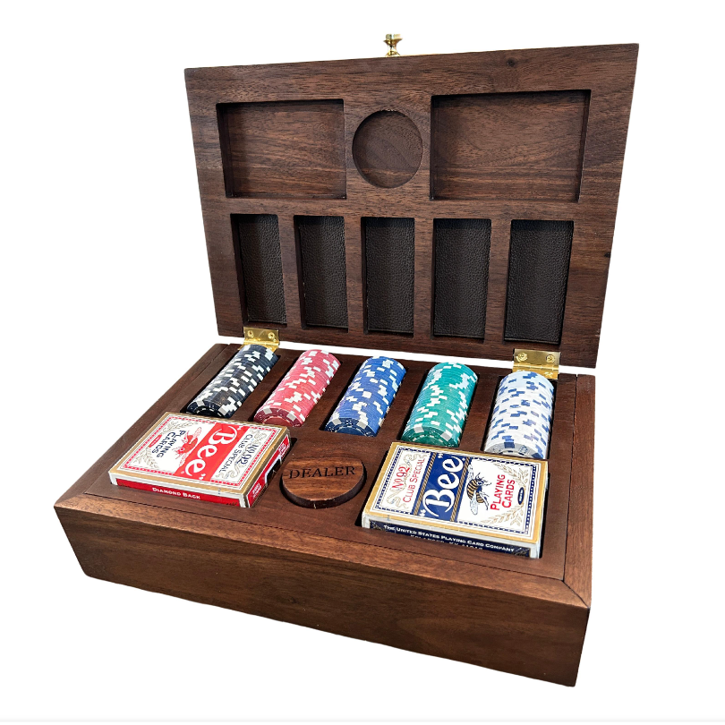 21st Century Luxury 125 Piece Walnut Poker Set Man's Handmade Premium Wood Poker Box Card Holder Gift Wooden Chip Coin Box