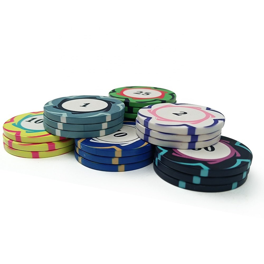 Wholesale colorful 10g ceramic poker chips 39mm cheap custom logo design with your own cash value for other gambling productrs