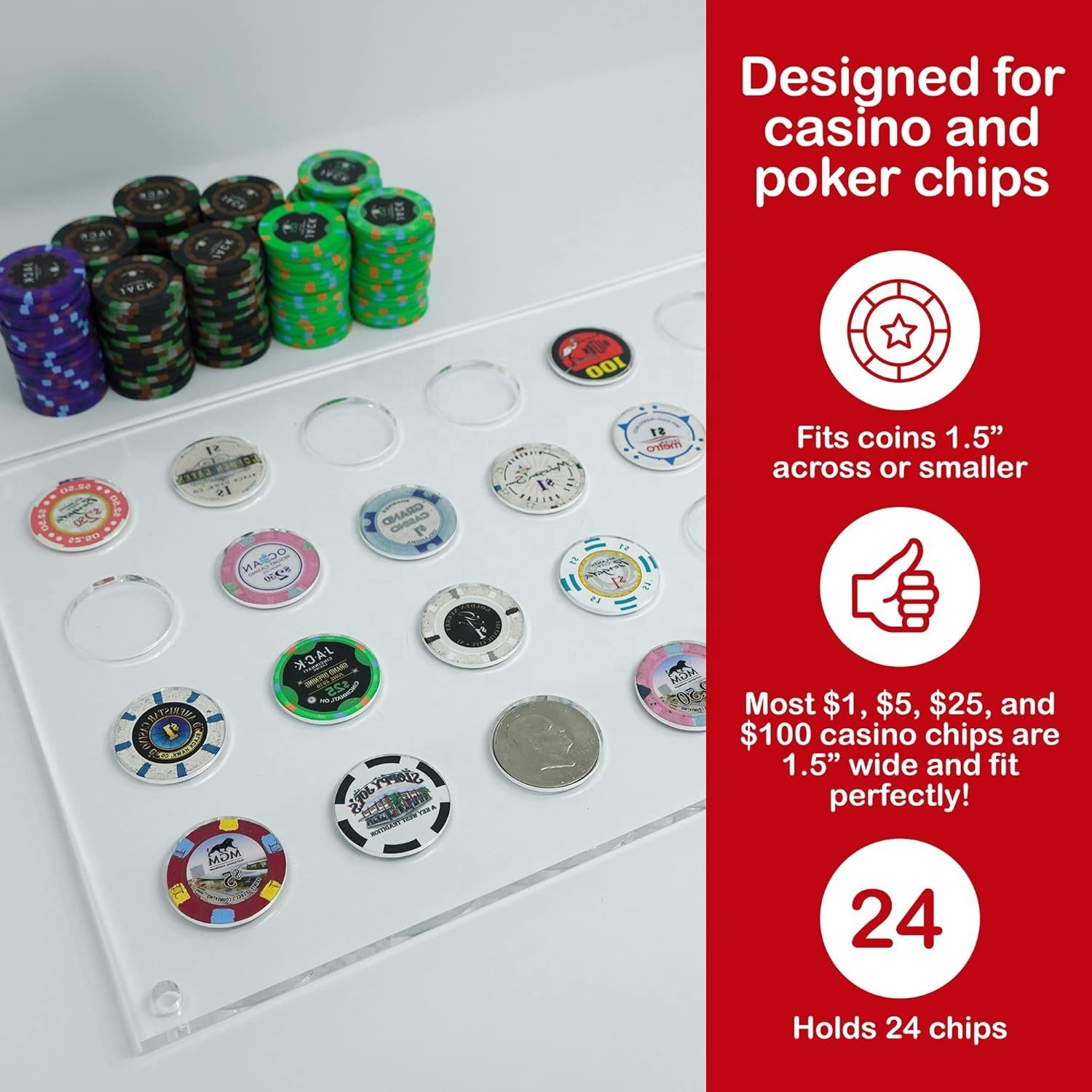 Clear Acrylic Poker Chip Display Holder for 24 Chips Coin Wall Mounted Storage Case Hardware Included for Living Room Study Room