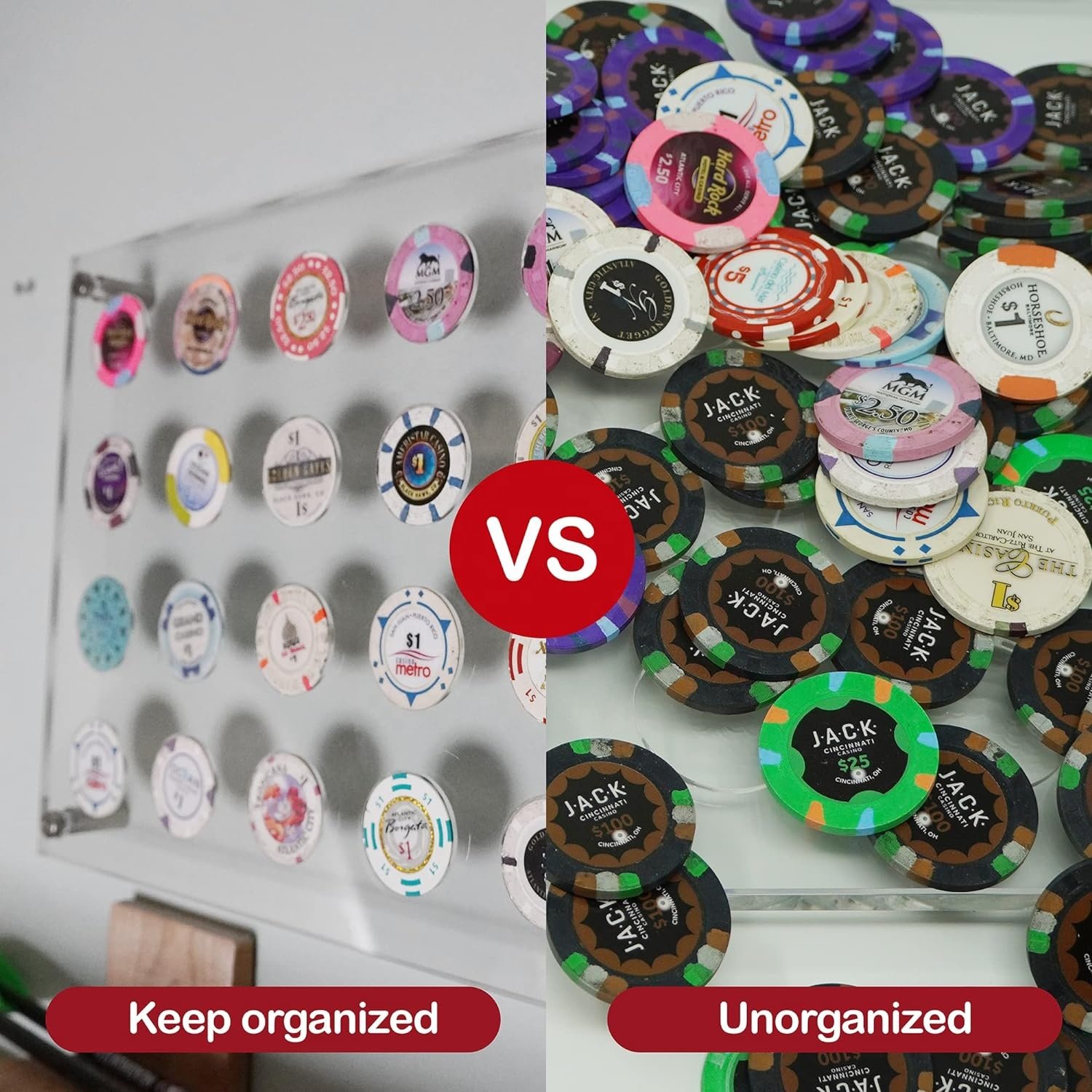 Clear Acrylic Poker Chip Display Holder for 24 Chips Coin Wall Mounted Storage Case Hardware Included for Living Room Study Room