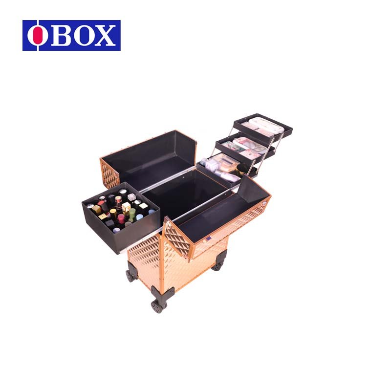 2023 OBOX Hot Sale Aluminum Trolley Cosmetic Case with Three Layers, Foldable and Portable for Professional Makeup
