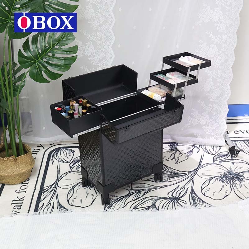 2023 OBOX Hot Sale Aluminum Trolley Cosmetic Case with Three Layers, Foldable and Portable for Professional Makeup