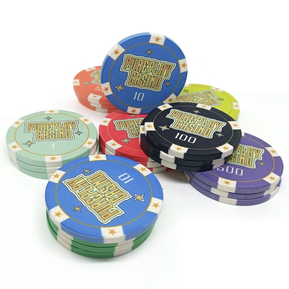 Professional oem pureplay casino 39mm ceramic poker chips 10g with shinning stars original design for casino gambling game