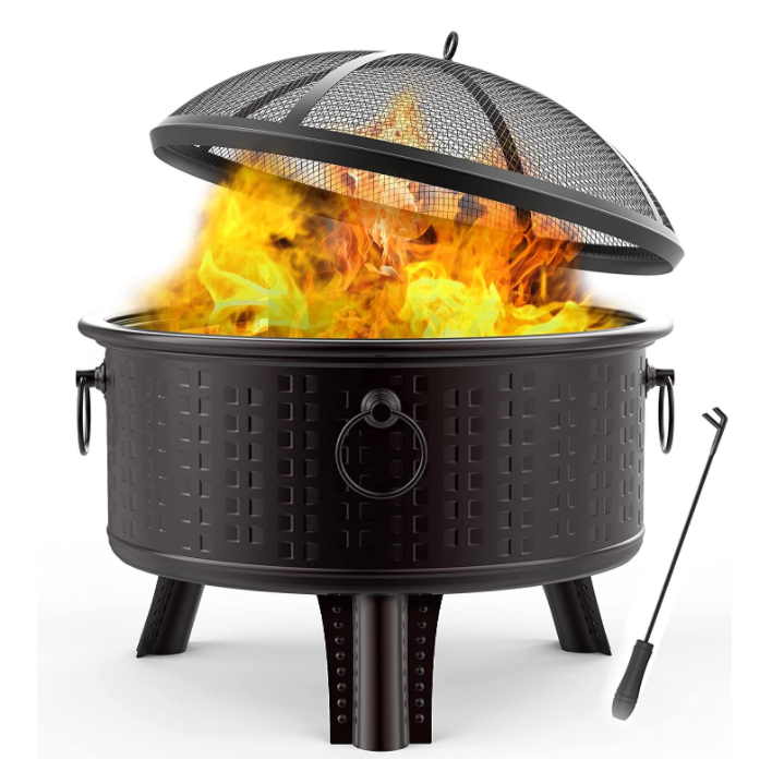 Large Outdoor Fire Pit Bowl - Round Wood Burning Patio Firebowl with Portable Poker and Spark Screen