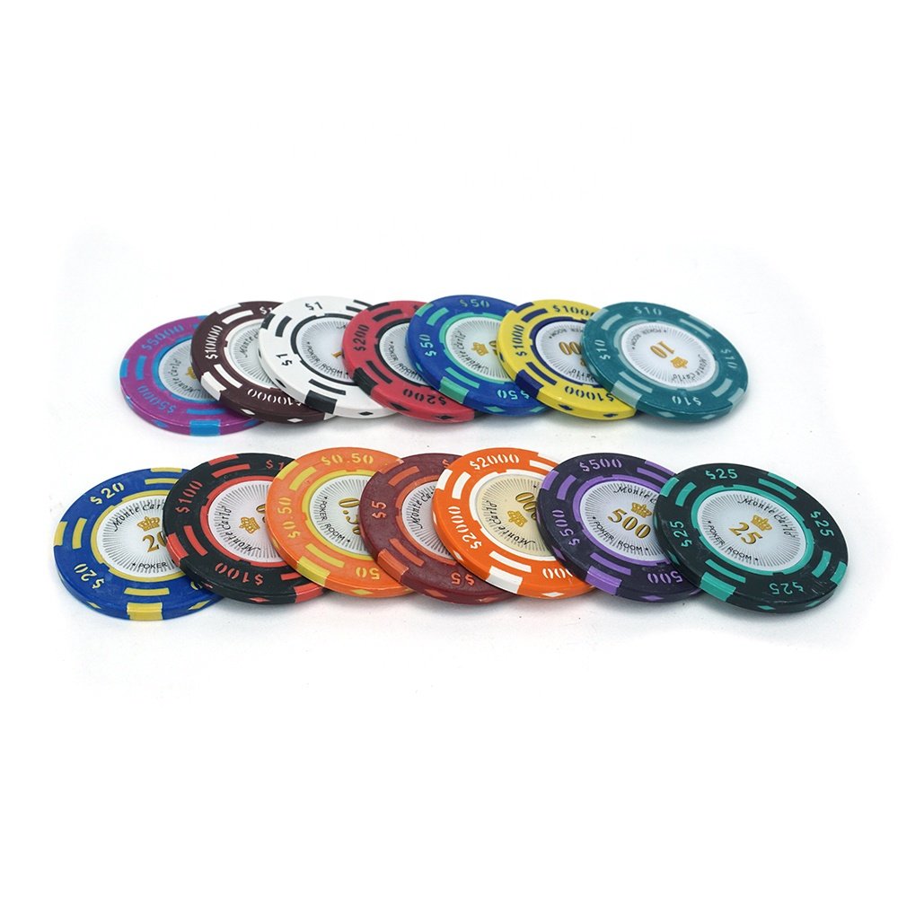 High quality 14g casino monte carlo clay poker chips 40mm three tone with royal crown number sticker from factory for games