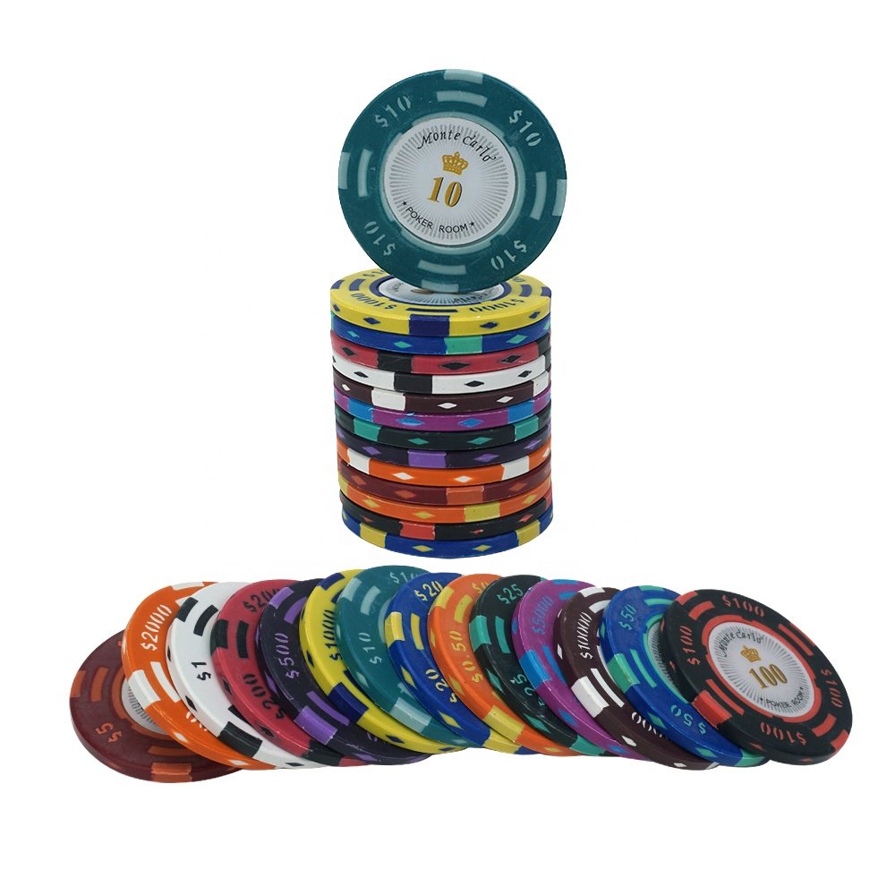 High quality 14g casino monte carlo clay poker chips 40mm three tone with royal crown number sticker from factory for games