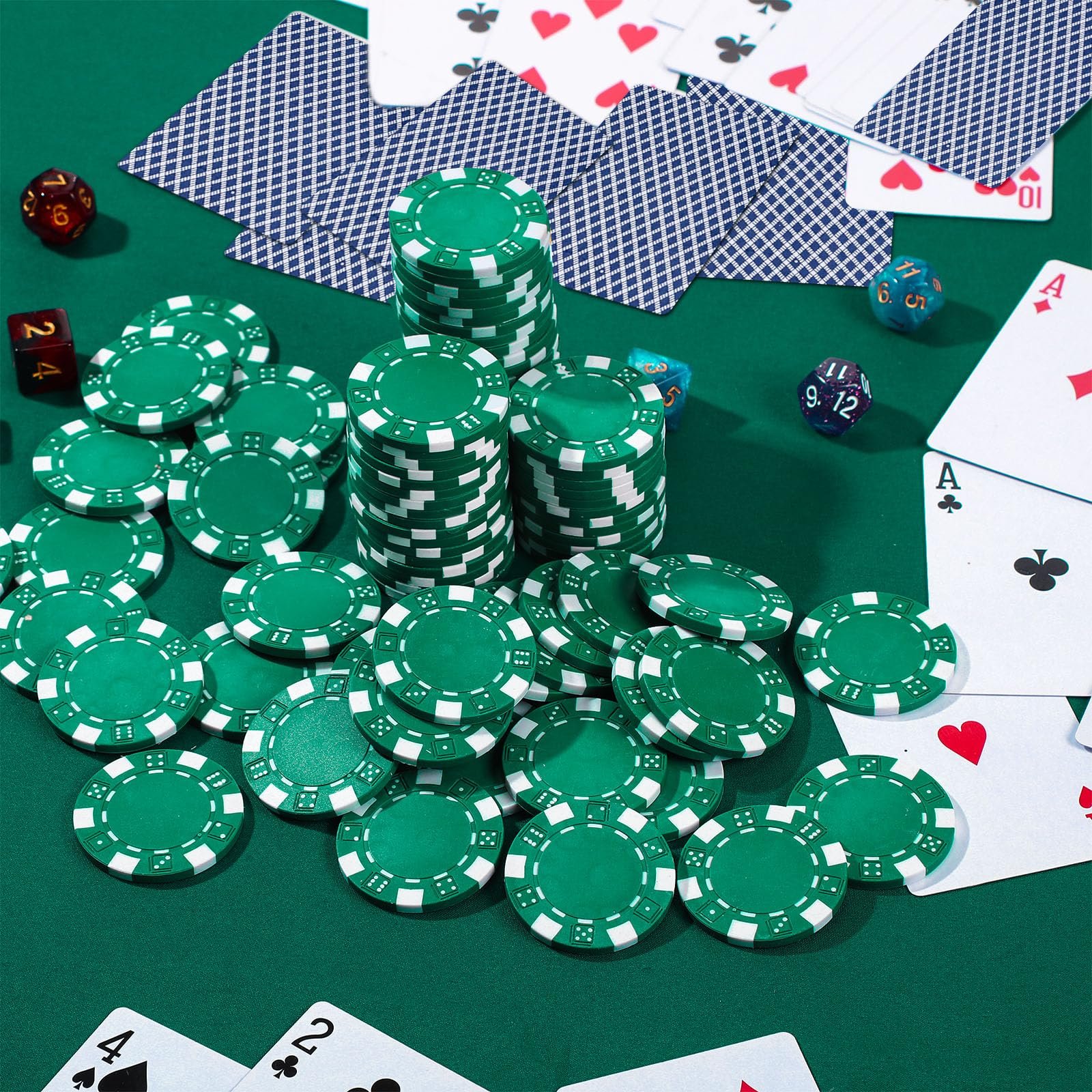 200Pcs transparent Acrylic Poker Chips 11.5 Gram Composite Striped Dice Green Poker Chips for Casino Poker Nights Blackjack Game