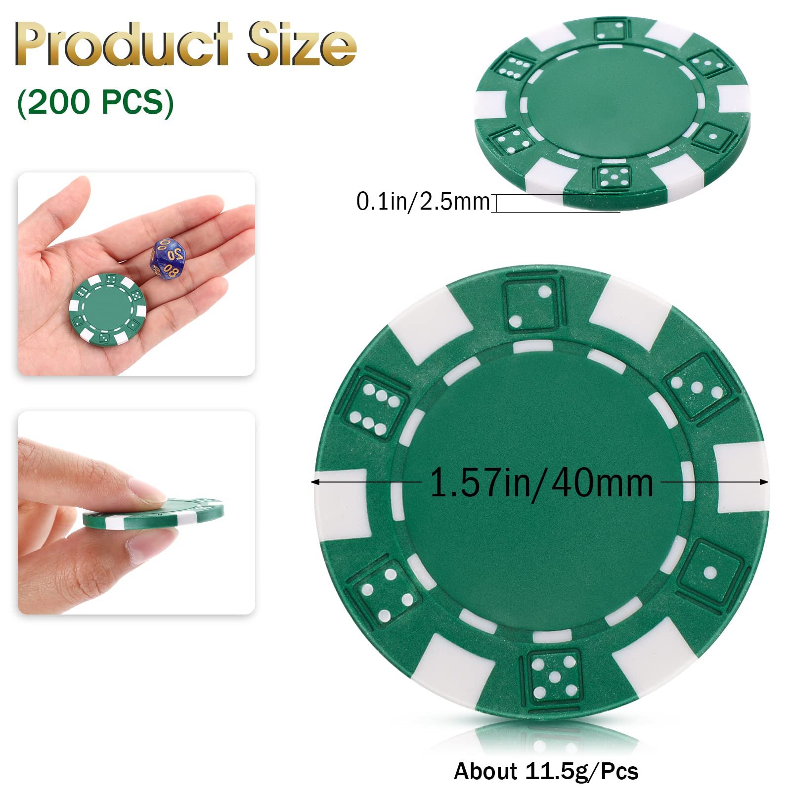 200Pcs transparent Acrylic Poker Chips 11.5 Gram Composite Striped Dice Green Poker Chips for Casino Poker Nights Blackjack Game