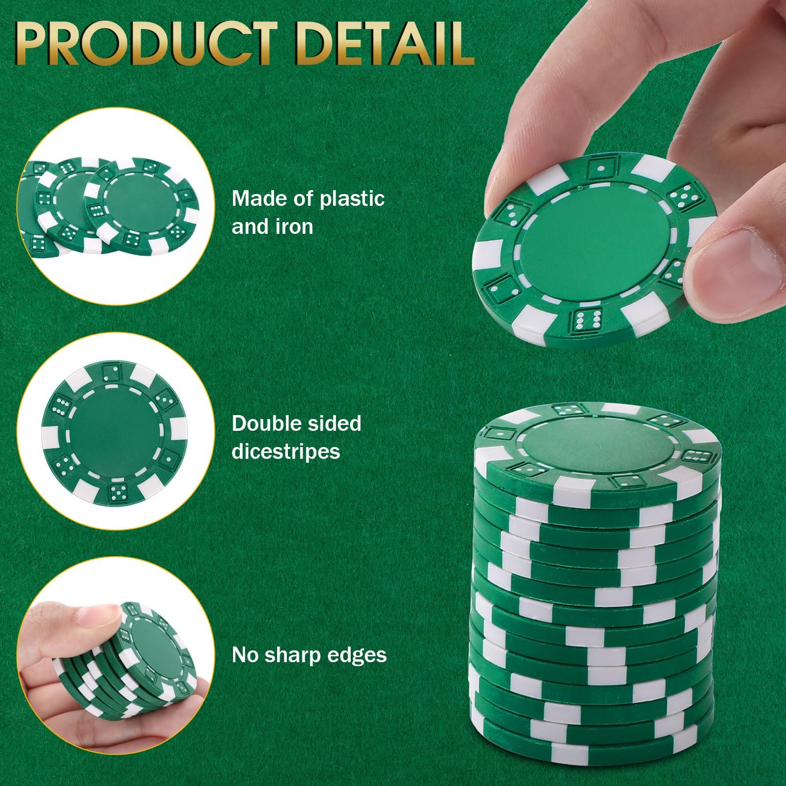 200Pcs transparent Acrylic Poker Chips 11.5 Gram Composite Striped Dice Green Poker Chips for Casino Poker Nights Blackjack Game