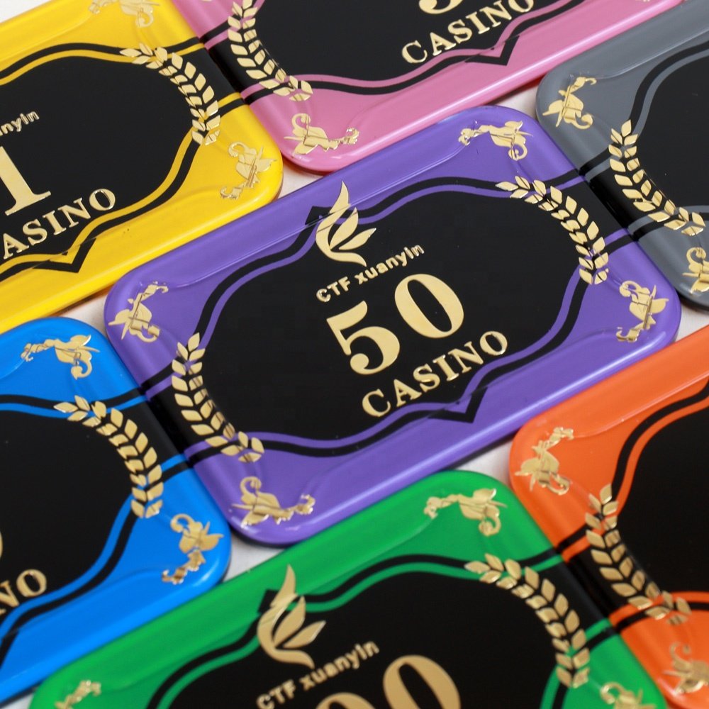 Professional acrylic poker chip plaque 68mm rectangle shape uv with custom logo value for casino royale gambling game