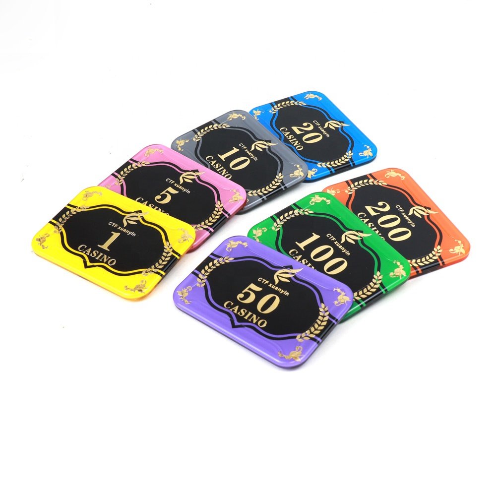 Professional acrylic poker chip plaque 68mm rectangle shape uv with custom logo value for casino royale gambling game