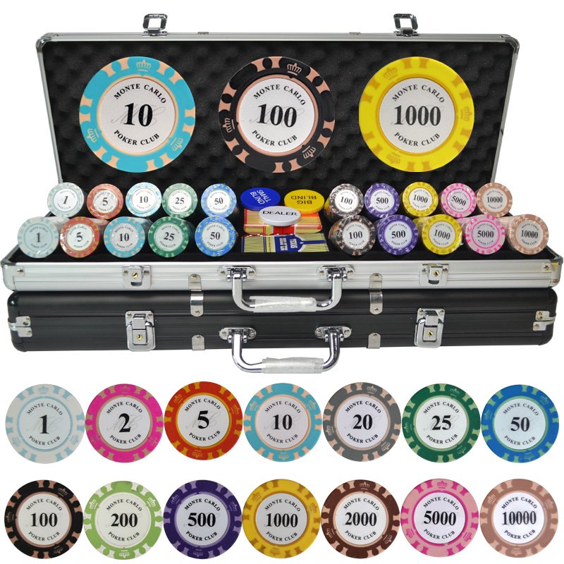 Hot Sale 100-500 pcs Clay Aluminum Suitcase Baccarat Black Jack Metal Coins Sets + Metal Box Monte Carlo Poker Chip Set