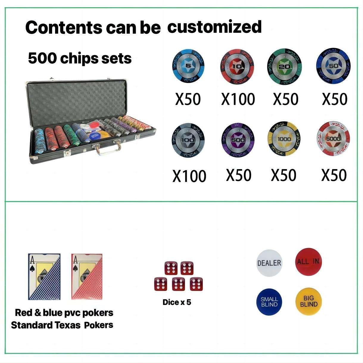 Clay Classic Casino Chips 500 Set Texas Casino Poker Chips With Aluminium Box