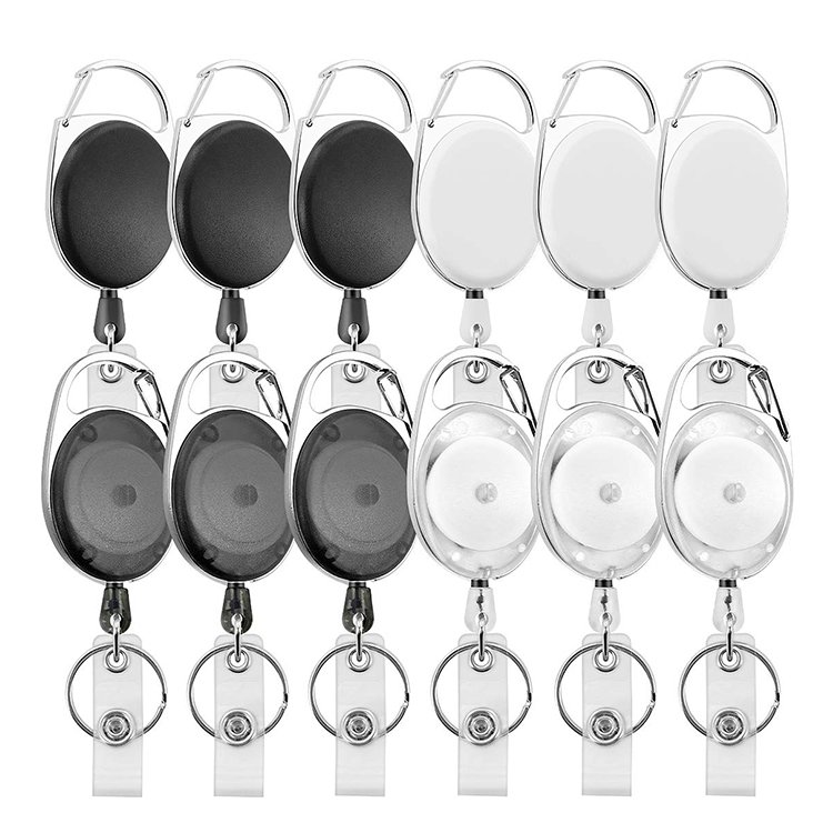 Custom Logo Retractable ID Badge Clip Reel Heavy Duty Steel Wire Mountaineering Buckle Key chain with Card Clip Metal Keychain