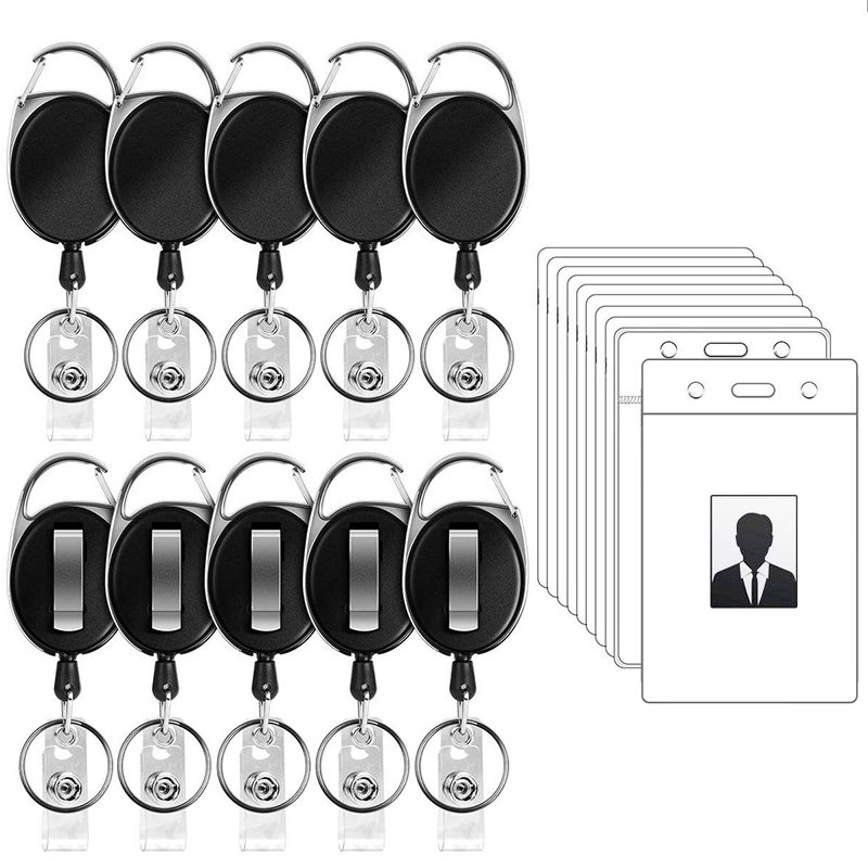 Custom Logo Retractable ID Badge Clip Reel Heavy Duty Steel Wire Mountaineering Buckle Key chain with Card Clip Metal Keychain