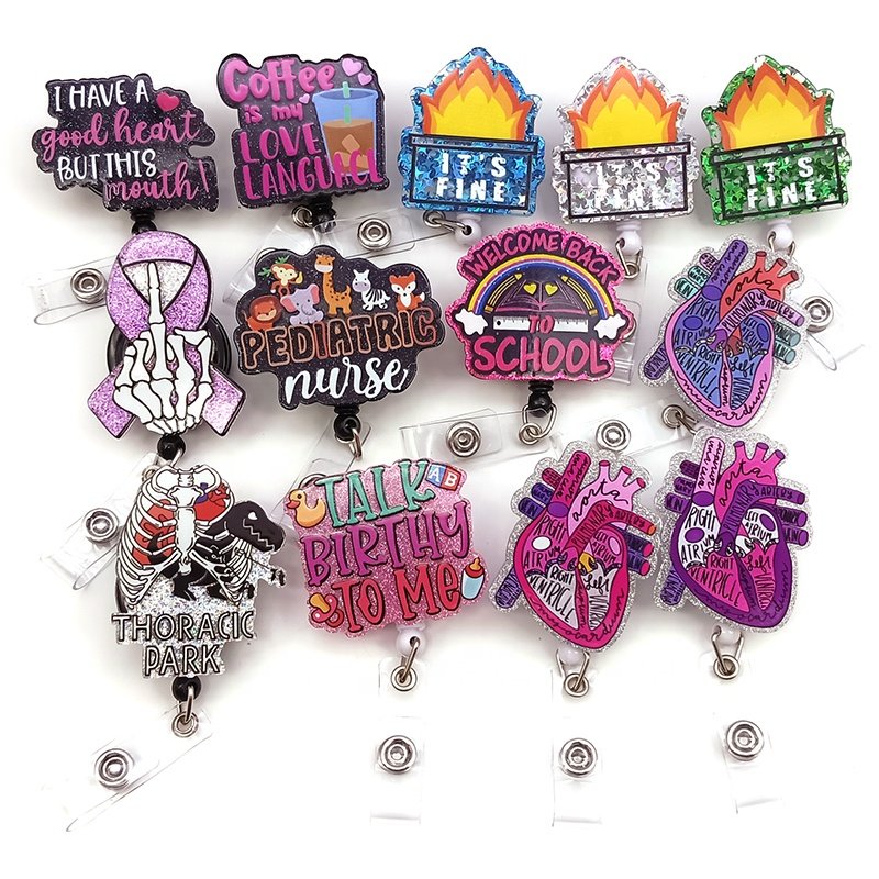 Custom Plastic Retractable Badge Holder Working Medical Shiny Nurse Glitter Badge Reel Healthcare Uniform Decoration
