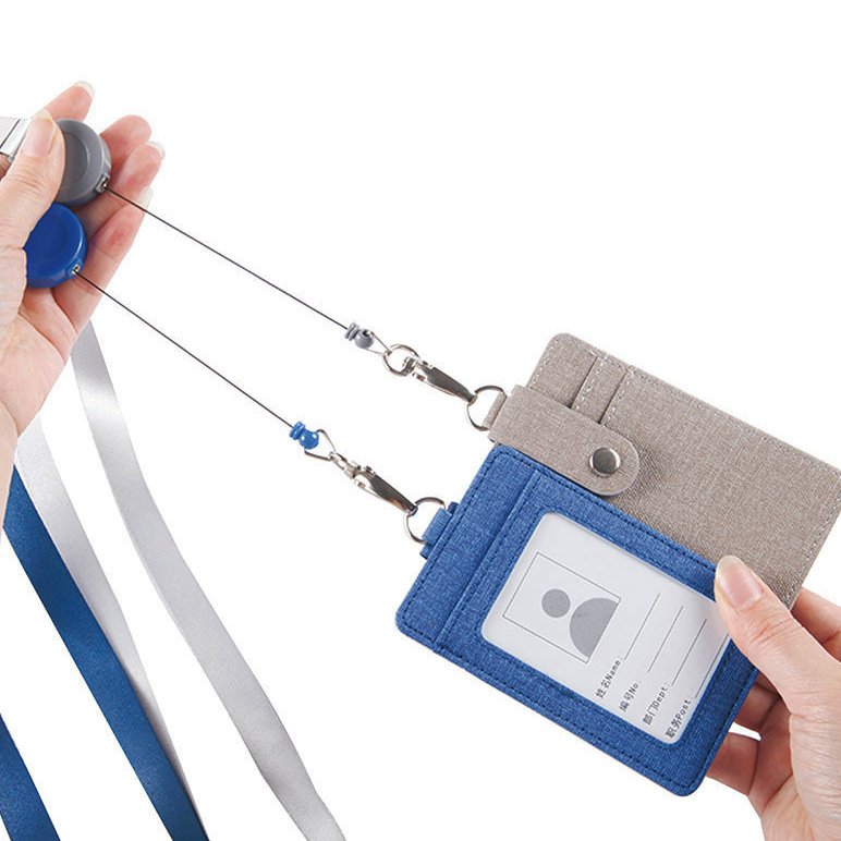 New PU Leather Work ID Card Name Badge Holder Set With Neck Lanyards Double Storage Pockets Work Card Set