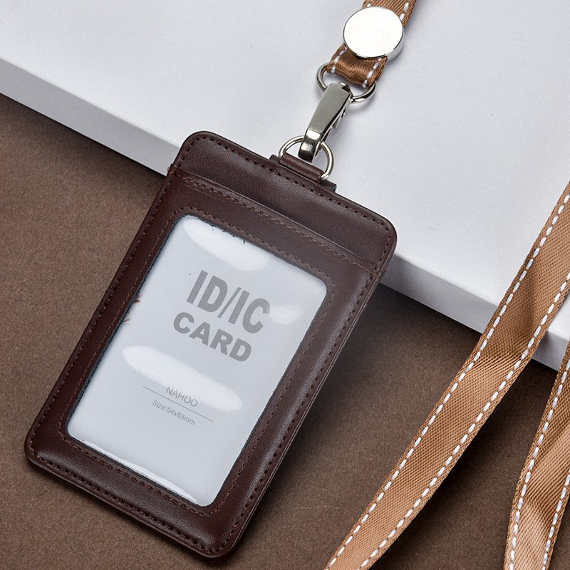 New Design PU leather working job badge ID card holder student school ID card holder with nice leather neck strap lanyard