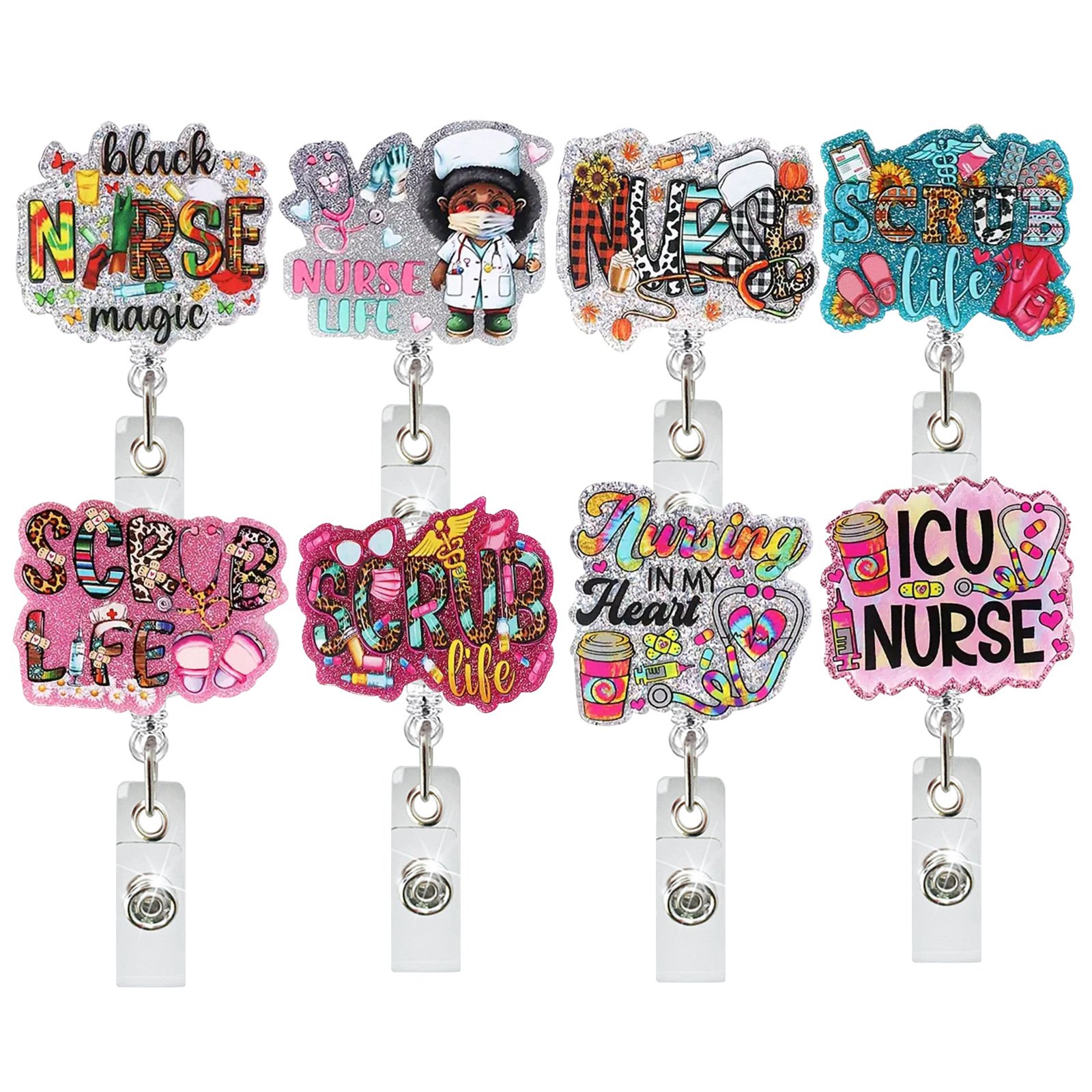 A-028 Hot Sale Acrylic Glitter Nurse ID Badge Holder Retractable Badge Reel with 360° Rotatable Alligator Back Clip Holiday Gift