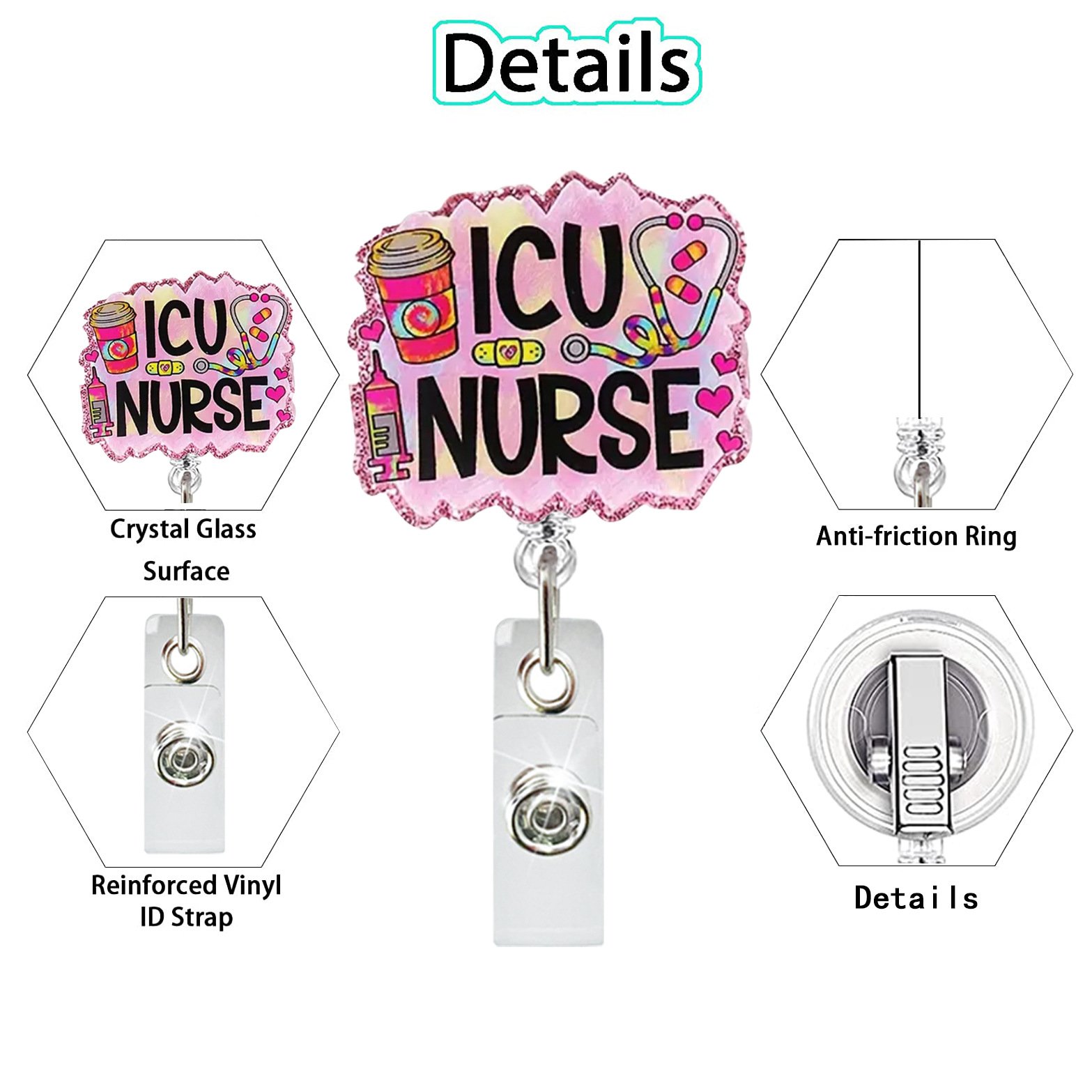 A-028 Hot Sale Acrylic Glitter Nurse ID Badge Holder Retractable Badge Reel with 360° Rotatable Alligator Back Clip Holiday Gift