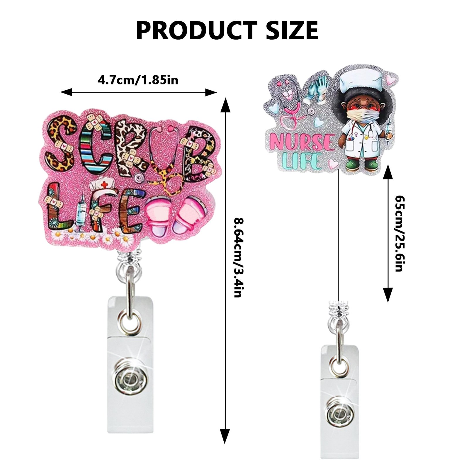 A-028 Hot Sale Acrylic Glitter Nurse ID Badge Holder Retractable Badge Reel with 360° Rotatable Alligator Back Clip Holiday Gift