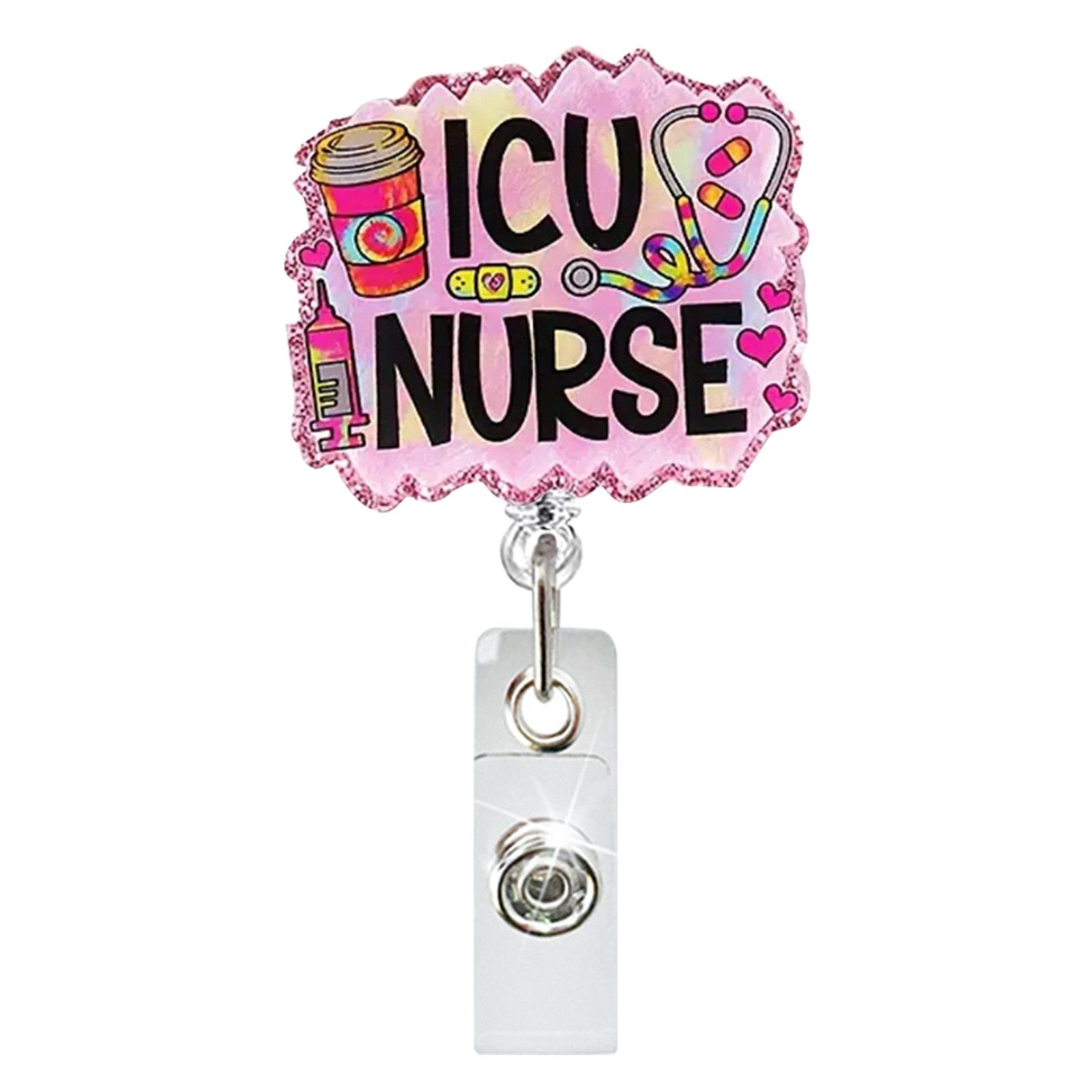 A-028 Hot Sale Acrylic Glitter Nurse ID Badge Holder Retractable Badge Reel with 360° Rotatable Alligator Back Clip Holiday Gift