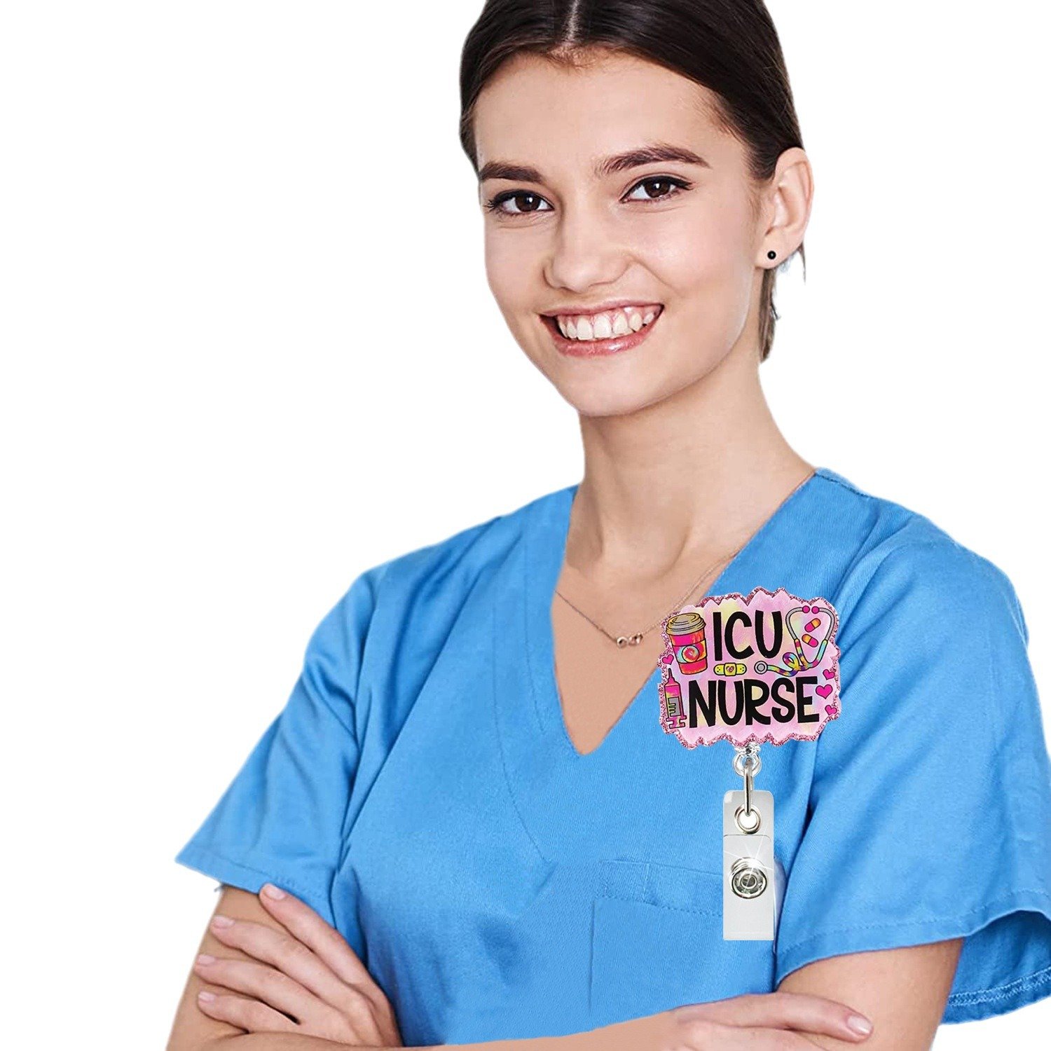 A-028 Hot Sale Acrylic Glitter Nurse ID Badge Holder Retractable Badge Reel with 360° Rotatable Alligator Back Clip Holiday Gift