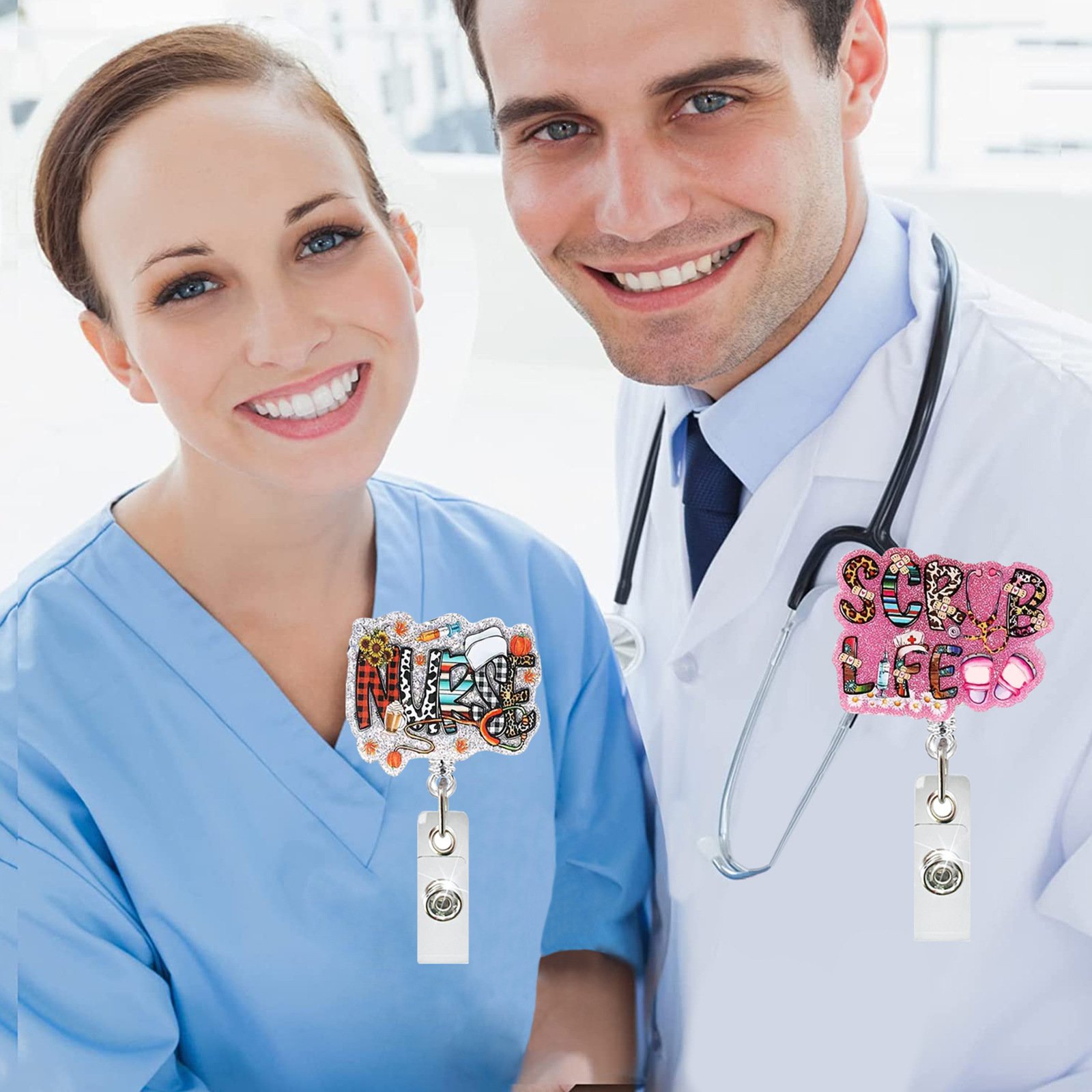 A-028 Hot Sale Acrylic Glitter Nurse ID Badge Holder Retractable Badge Reel with 360° Rotatable Alligator Back Clip Holiday Gift