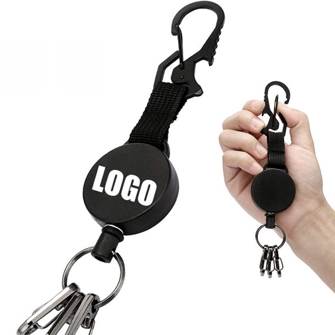 P-055 Customized Logo Retractable Black Badge Reel Holder Multifunctional Keychain 25.5in Steel Wire Cord with Key Ring