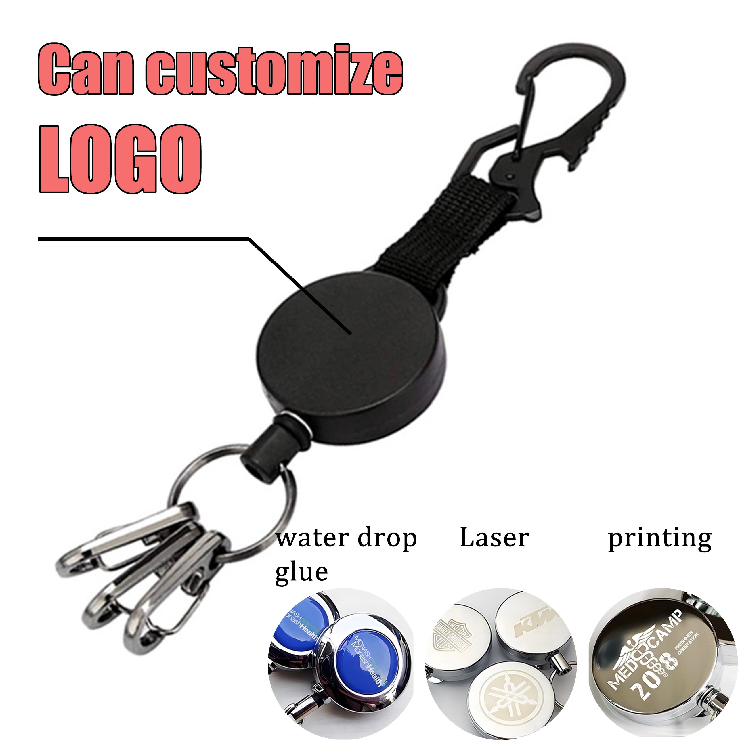 P-055 Customized Logo Retractable Black Badge Reel Holder Multifunctional Keychain 25.5in Steel Wire Cord with Key Ring