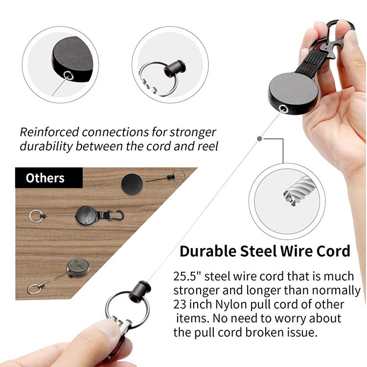 P-055 Customized Logo Retractable Black Badge Reel Holder Multifunctional Keychain 25.5in Steel Wire Cord with Key Ring