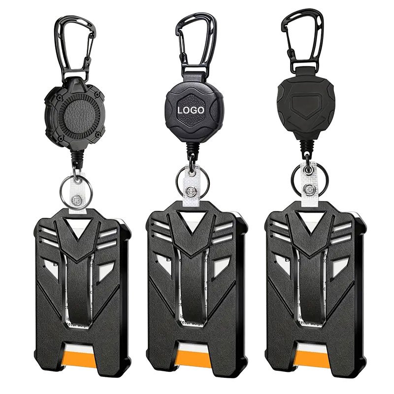 Custom Logo ABS Retractable Badge Reel Heavy Duty Multitool Carabiner KeyChain Tactical ID Card Holder With Steel Wire Cord