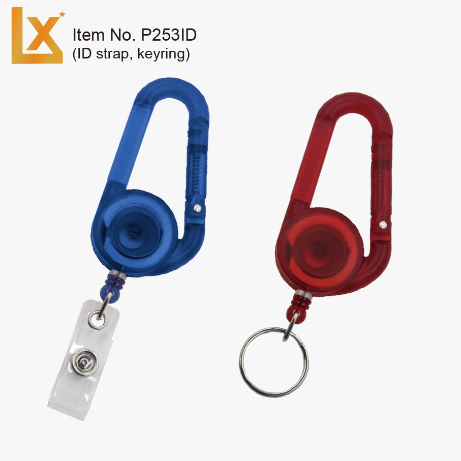 Plastic carabiner retractable badge holder key holder with strong cord & spring, ID strap and keyring
