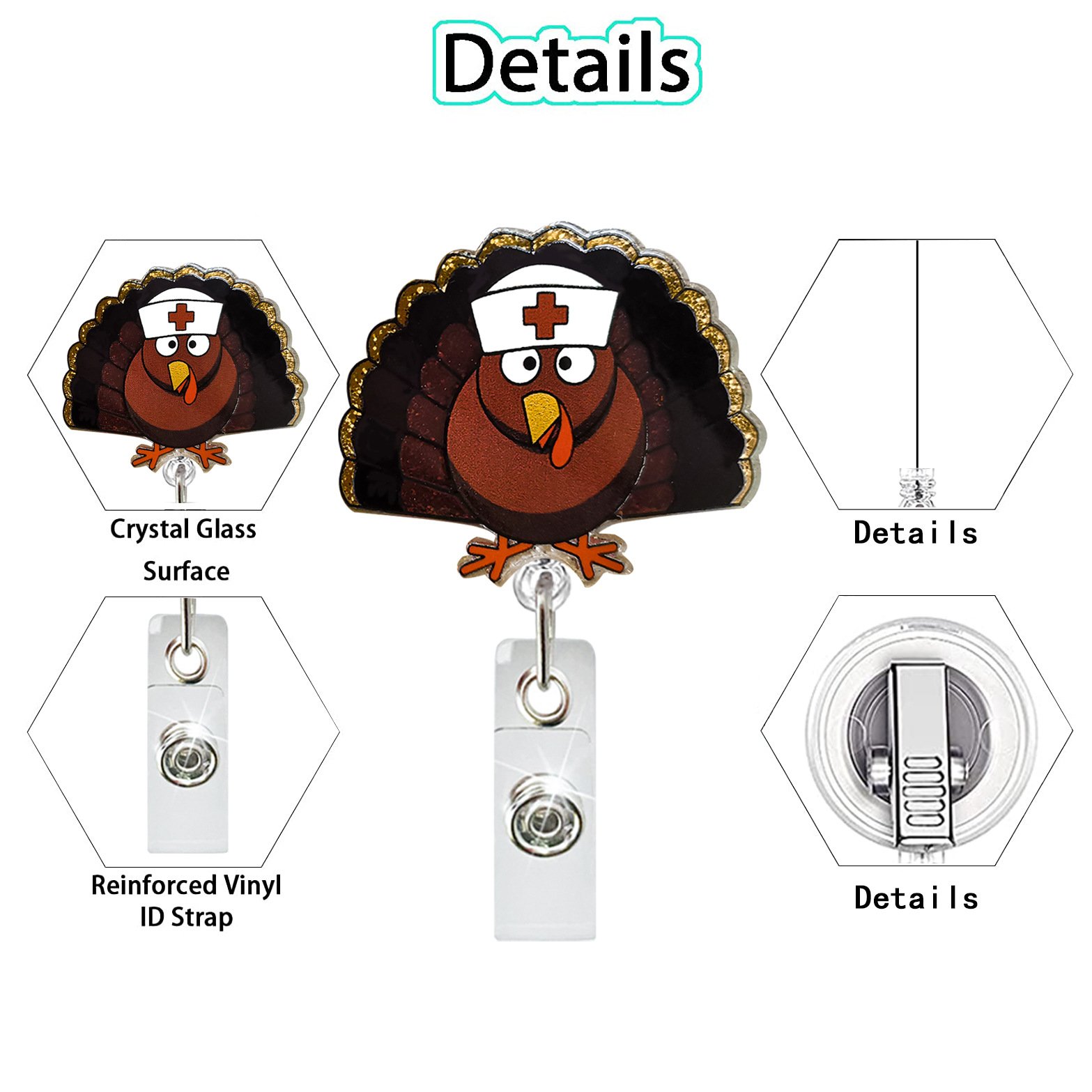 Wholesale Glitter Acrylic Plastic Turkey Thanksgiving Festival Badge Holder Medical Nurse Accessories Badge Reel With Clip