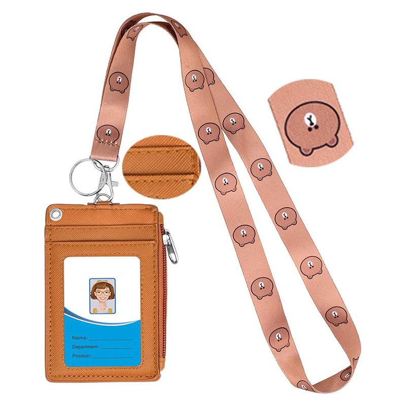 2-Sided 5 Card Slots Zippered Pocket Keychain Cartoon Bear PU Leather ID Card Wallet Lanyards ID Badge Holder